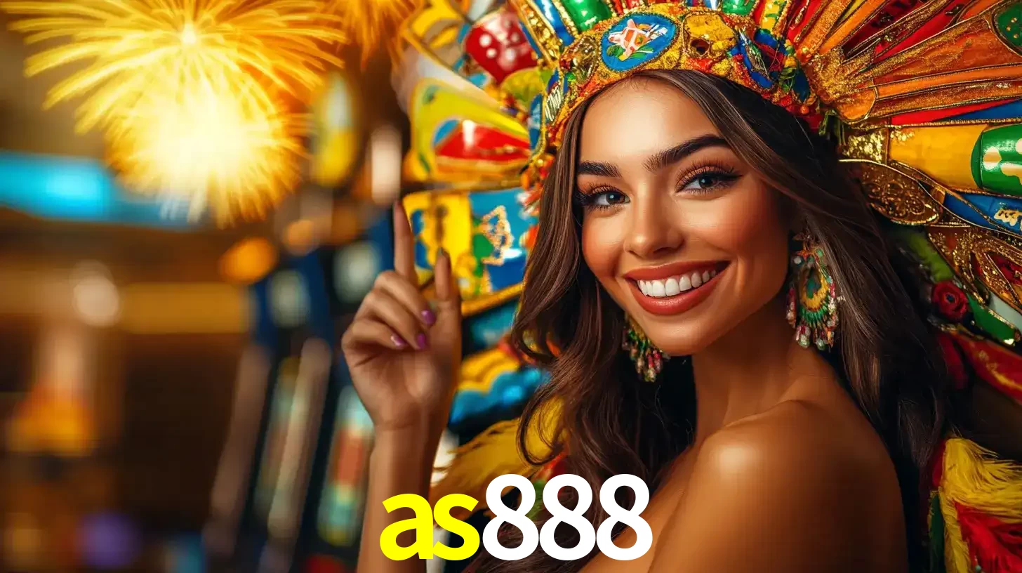 Mulher sorridente com um cocar de carnaval vibrante e colorido, celebrando uma grande vitória nos jogos do cassino as888 com fogos de artifício ao fundo.