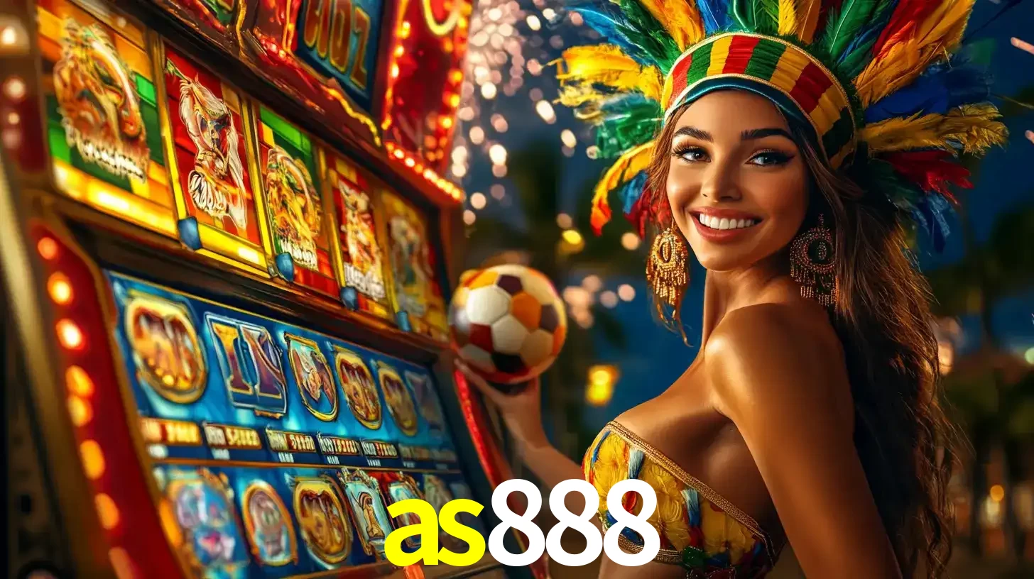 Mulher com um cocar de carnaval ao lado de uma máquina de caça-níqueis enquanto segura uma bola de futebol, mostrando a união da diversão de cassino e esportes no as888.