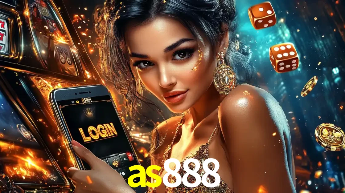 Mulher glamourosa segurando um celular com a tela de login do cassino as888, rodeada por dados e moedas douradas, pronta para começar a diversão.