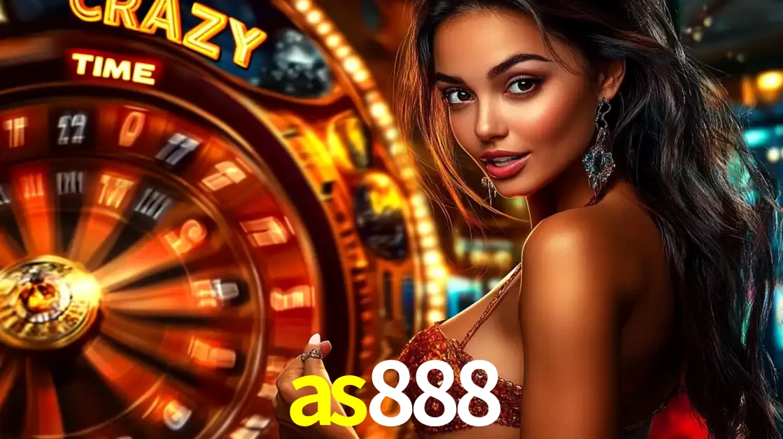 Mulher ao lado da roda de prêmios do jogo de cassino ao vivo Crazy Time, um dos shows de jogos mais emocionantes oferecidos pela plataforma de apostas as888.