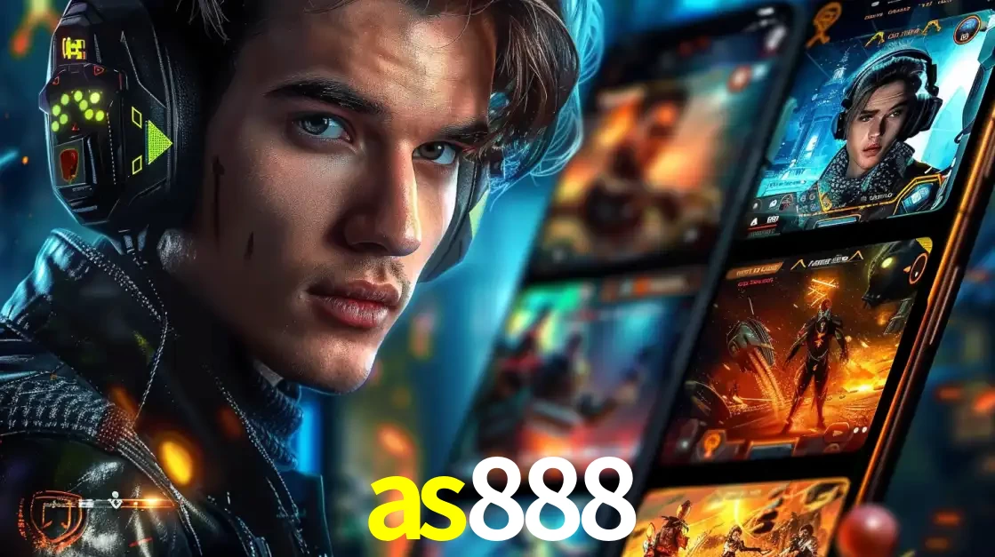 Jovem jogador com fones de ouvido olhando para a câmera, com um aplicativo de jogos e e-sports para celular ao fundo, pronto para a competição e apostas no as888.