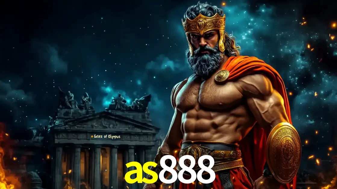 O poderoso Zeus do jogo de slot Gates of Olympus em frente ao seu templo, pronto para lançar multiplicadores divinos e prêmios épicos no cassino online as888.