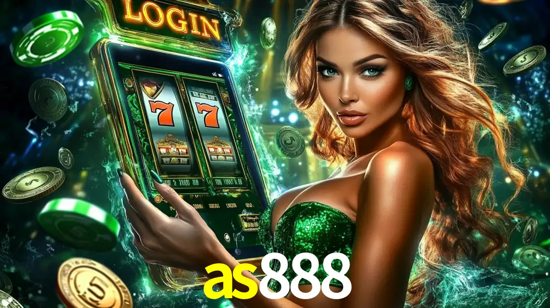 Mulher com tema verde apresentando o aplicativo do cassino as888 com um jogo de slot de 777, cercada por fichas de cassino e uma aura de sorte.