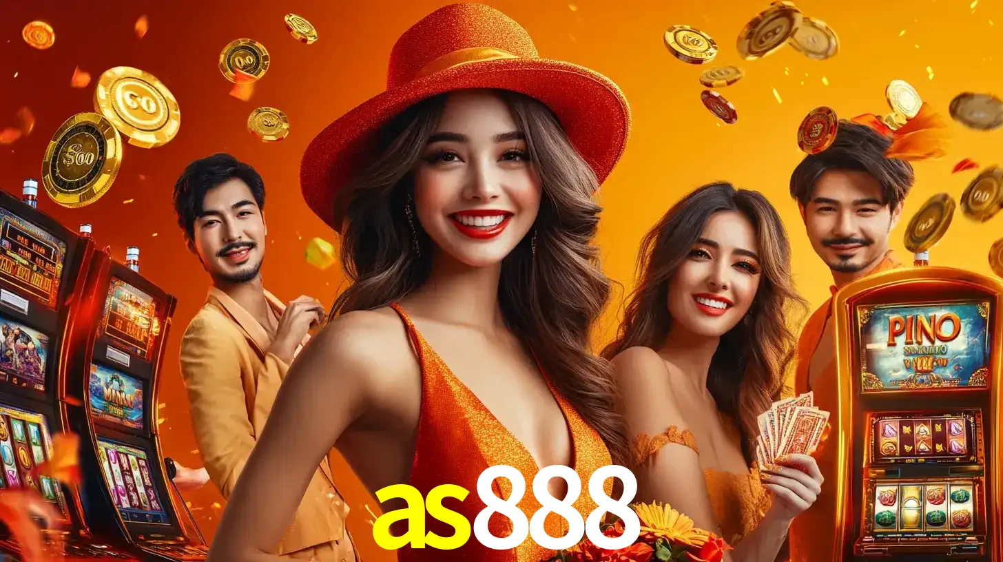 Grupo de amigos asiáticos sorrindo e se divertindo com máquinas de caça-níqueis em um ambiente festivo, celebrando suas vitórias nos jogos de cassino do as888.