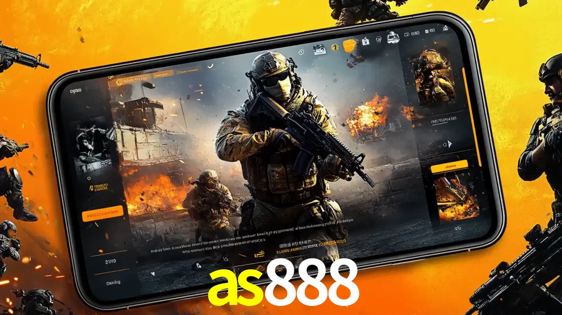 Um smartphone exibindo a interface de um jogo de tiro em primeira pessoa, com um soldado em um cenário de batalha, representando a ação dos e-sports para apostar no as888.