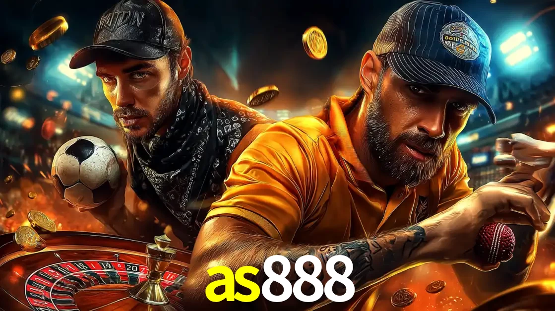 Montagem de apostas esportivas e cassino no as888, com um homem segurando uma bola de futebol e outro uma de beisebol sobre uma roleta e moedas voadoras.