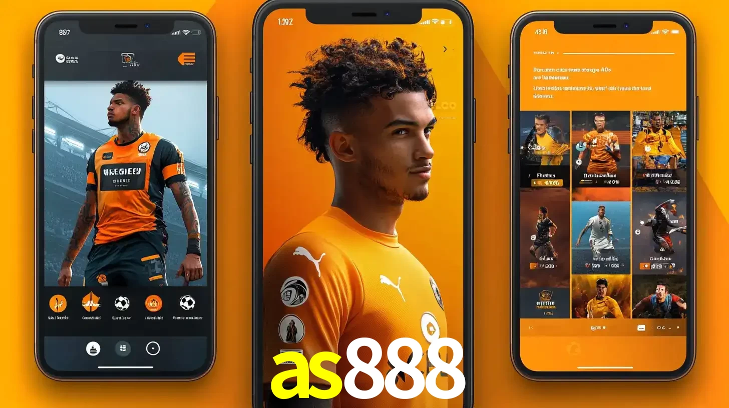 Interface do aplicativo de apostas esportivas as888 em três telas de celular, mostrando o perfil de um jogador de futebol e a lista de jogos disponíveis para apostar.