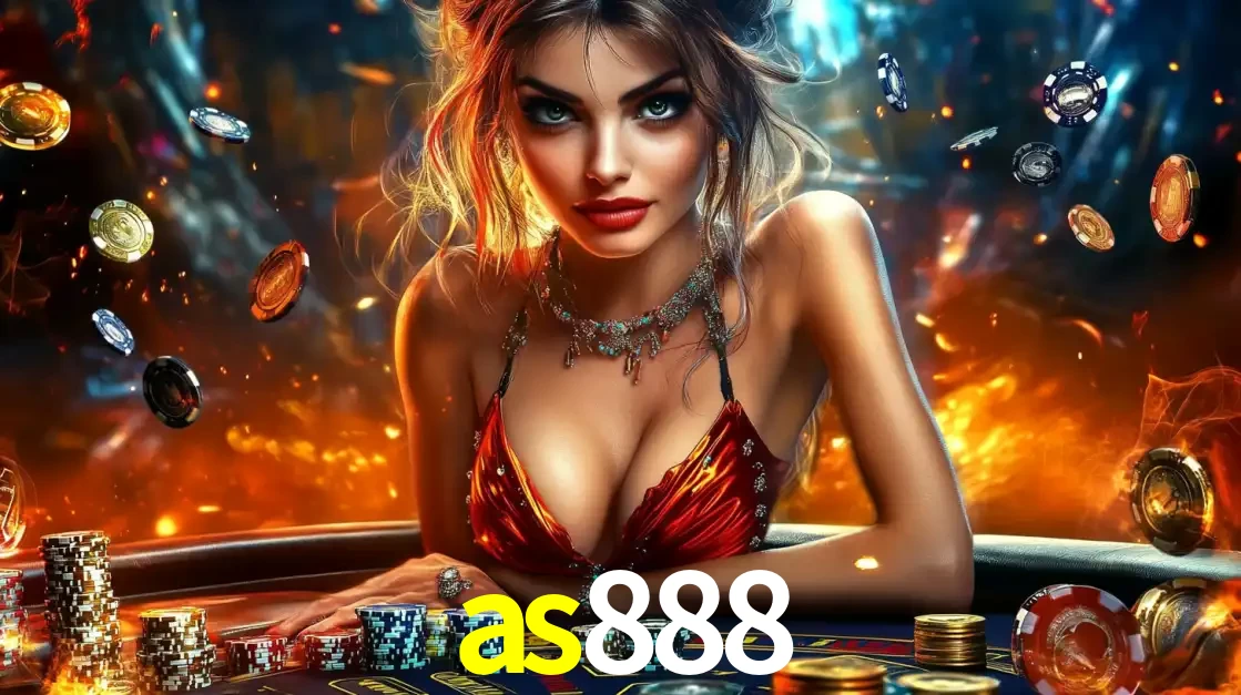 Mulher em uma mesa de cassino com pilhas de fichas e um fundo de fogo, pronta para uma rodada de altas apostas nos jogos de mesa emocionantes do cassino as888.