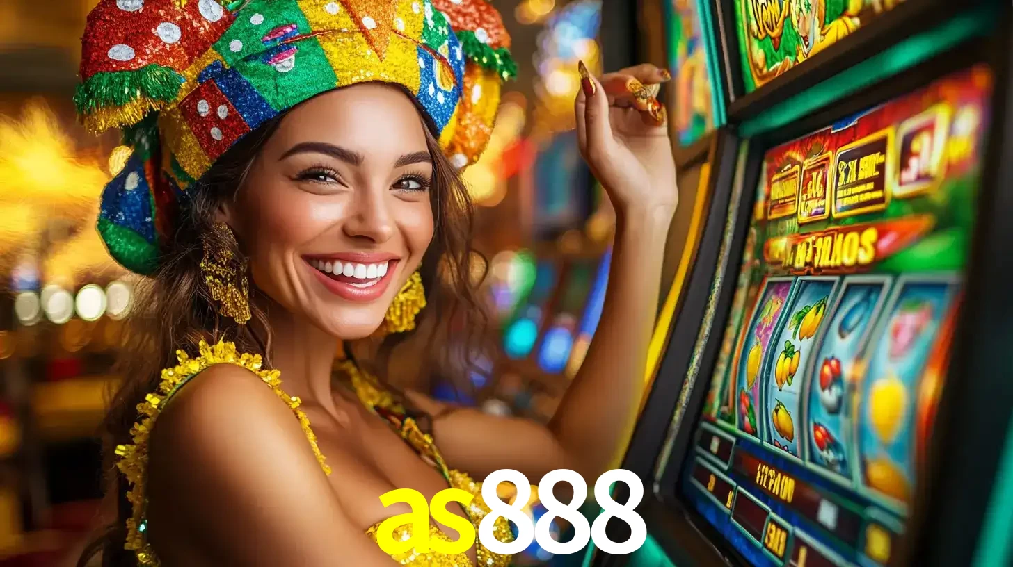 Mulher feliz com traje de carnaval amarelo e colorido ao lado de uma máquina de caça-níqueis, aproveitando a diversão e os jogos temáticos do cassino as888.