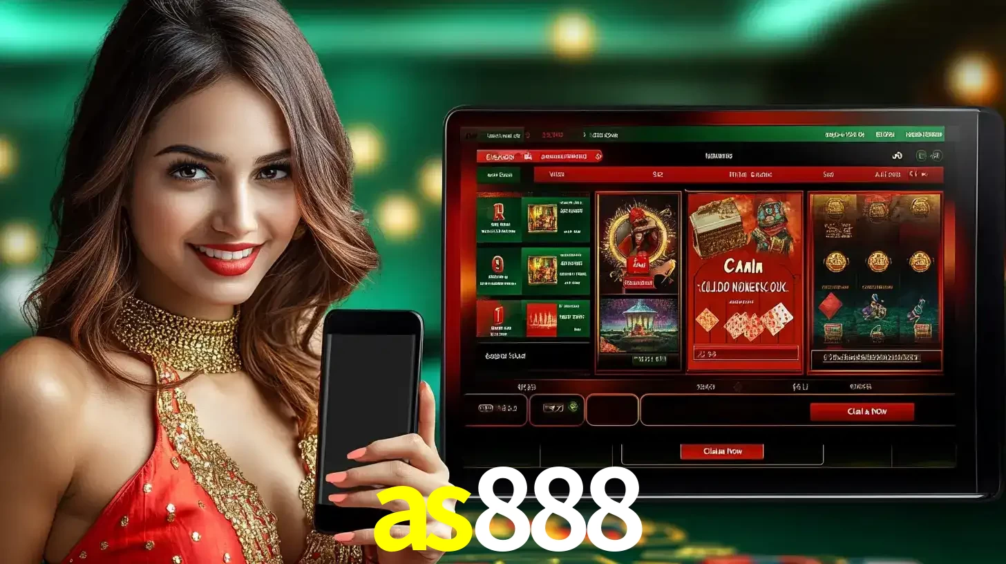 Mulher sorridente segurando um smartphone, ao lado de uma tela exibindo o lobby de jogos do cassino online as888, com várias opções de jogos de cartas e slots.